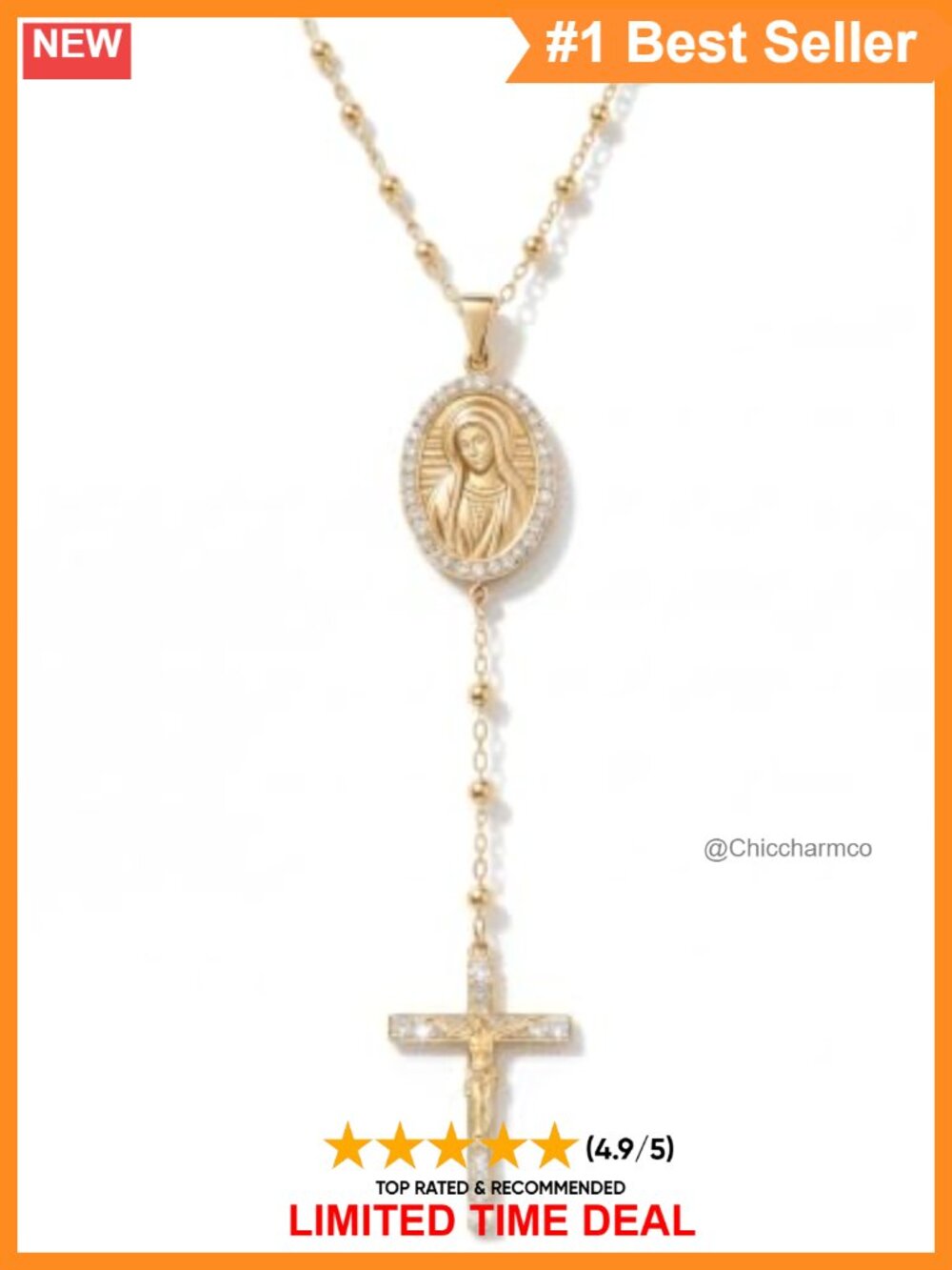 14K Gold Plated Sterling Silver Virgin Mary Rosary Y Necklace Cross Pendant
